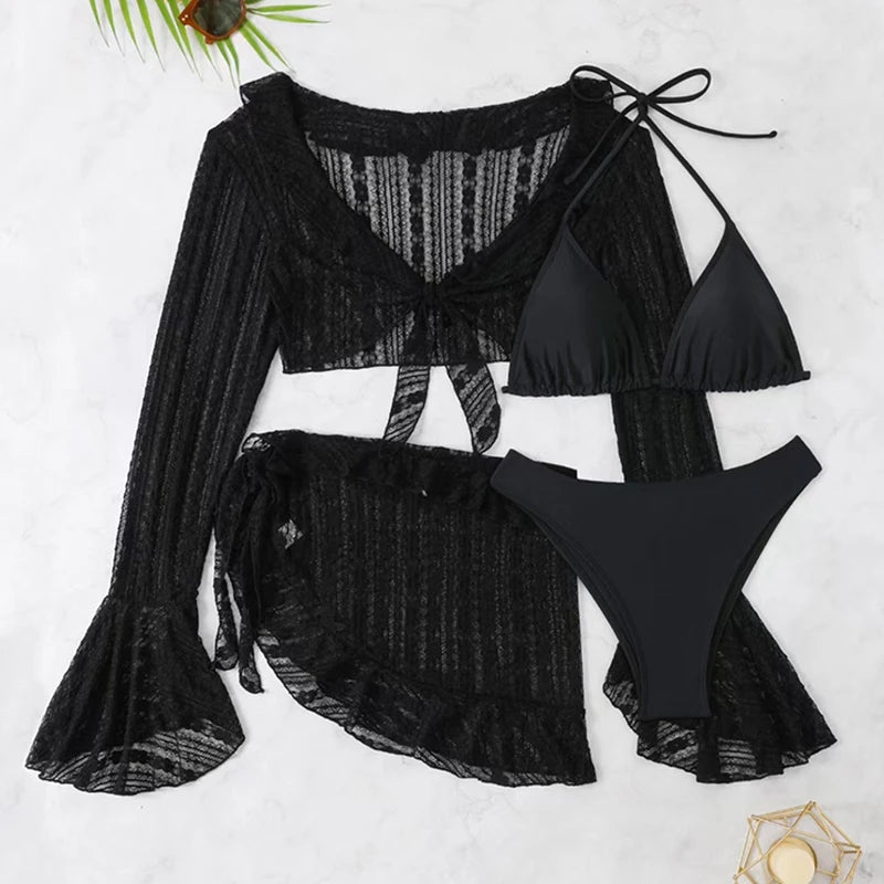 Women’s 4-Piece Bikini Set with Long Sleeve Cover-Up – Brazilian High Waist Swimsuit, Beach Cover Up, Summer Swimwear