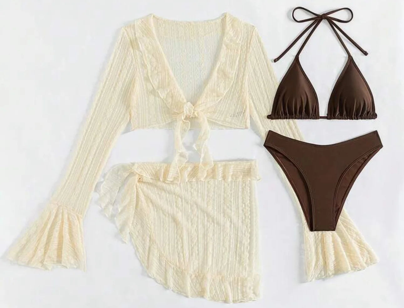 Women’s 4-Piece Bikini Set with Long Sleeve Cover-Up – Brazilian High Waist Swimsuit, Beach Cover Up, Summer Swimwear