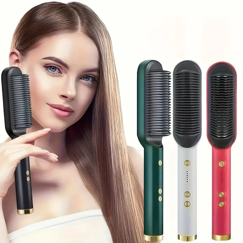 2-in-1 Electric Hair Straightener & Curler Brush – Fast Heat Styling Comb for Smooth, Frizz-Free Hair