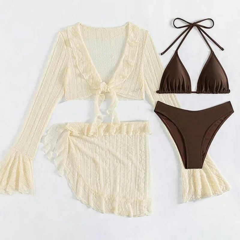 Women’s 4-Piece Bikini Set with Long Sleeve Cover-Up – Brazilian High Waist Swimsuit, Beach Cover Up, Summer Swimwear