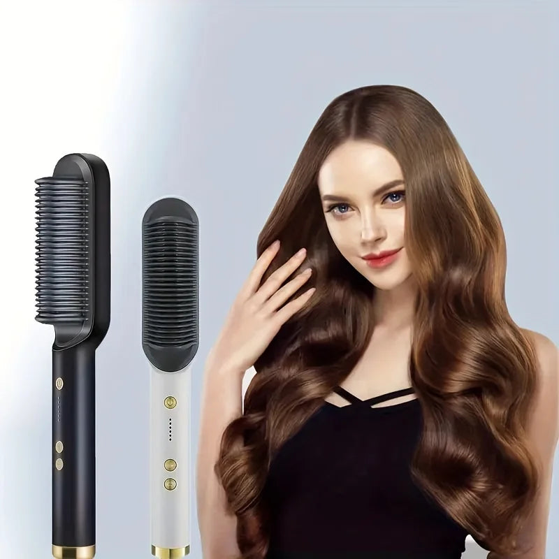 2-in-1 Electric Hair Straightener & Curler Brush – Fast Heat Styling Comb for Smooth, Frizz-Free Hair