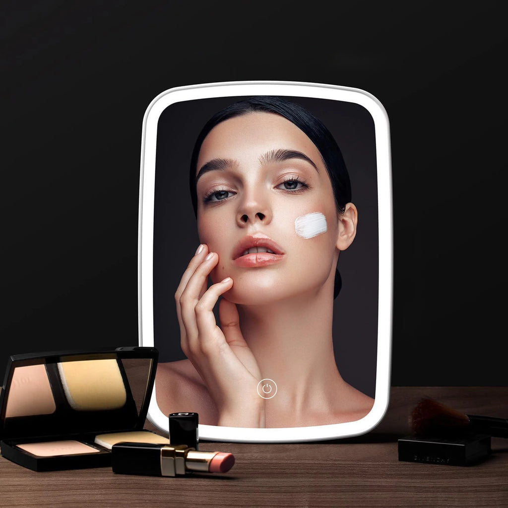 LED Lighted Makeup Mirror with Touch Screen – Folding Portable Vanity Mirror with Stand for Travel & Desktop Use
