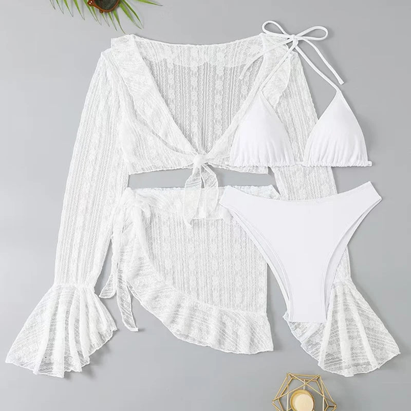 Women’s 4-Piece Bikini Set with Long Sleeve Cover-Up – Brazilian High Waist Swimsuit, Beach Cover Up, Summer Swimwear